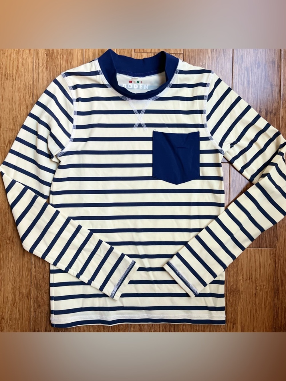 Mini Boden boys rash guard long sleeve swim shirt size 9/10 navy stripe